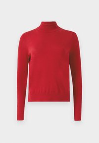 Roter Langarmrollkragenpullover mit figurbetontem Schnitt und gerippten Bündchen und Kragen vor einem weißen Hintergrund.