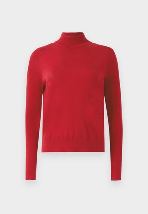 Roter Langarmrollkragenpullover mit figurbetontem Schnitt und gerippten Bündchen und Kragen vor einem weißen Hintergrund.
