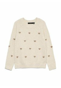 Krémově zbarvený svetr z měkkého materiálu, s malými hnědými vyšívanými srdíčky rovnoměrně rozloženými po přední straně a na dlouhých rukávech.