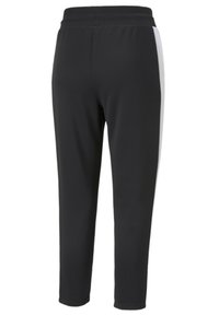 Pantalones deportivos negros con un diseño ajustado, cinturilla elástica y rayas blancas en los lados. El material parece suave y elástico.