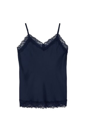 Marineblå camisole med blonder, tynde justerbare stropper og bølget kant langs halsudskæring og kant.