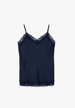 Marineblå camisole med blonder, tynde justerbare stropper og bølget kant langs halsudskæring og kant.