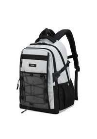 Zaino bianco e nero realizzato in tessuto resistente, con scomparti con cerniera, tasca frontale in rete e spallacci imbottiti per il comfort.