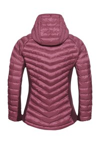 Vista posteriore di una giacca imbottita color malva con cappuccio e motivo a chevron, vita aderente e maniche lunghe.