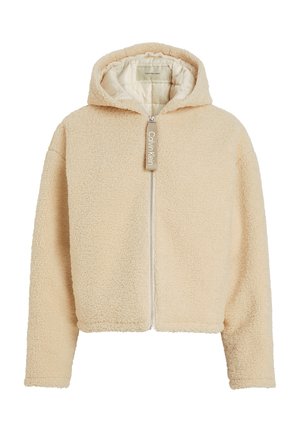 Cream-colored fleece jacket with a hood, featuring a front zipper, textured fabric, and a logo tag. Casual, fitted design.