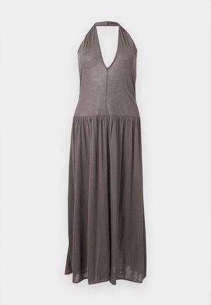Sleeveless taupe halter-neck maxi dress with deep V-neckline and gathered waist, flowing loose skirt, lightweight fabric.