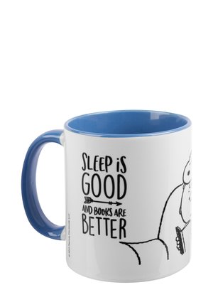 Ceramic mug with a white exterior and blue interior; features black text: "SLEEP IS GOOD AND BOOKS ARE BETTER" with a cartoon drawing.