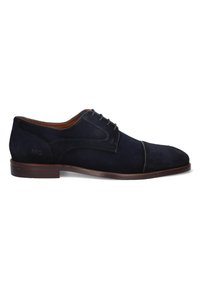 Chaussures à lacets en suede bleu marine avec un bout rond, des coutures contrastantes et une semelle brune polie. Présente cinq œillets et des détails latéraux.