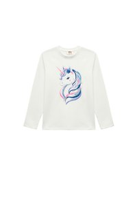 Langärmliges weißes Baumwollhemd mit einem bunten Einhorn-Motiv, das pinke, blaue und lila Akzente sowie einen Glitzereffekt aufweist.