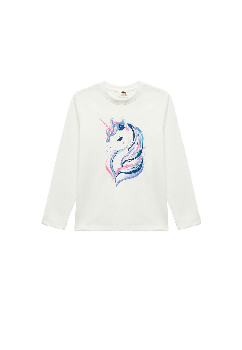 Langärmliges weißes Baumwollhemd mit einem bunten Einhorn-Motiv, das pinke, blaue und lila Akzente sowie einen Glitzereffekt aufweist.