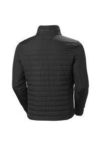 Schwarze gesteppte Jacke mit langen Ärmeln und hohem Kragen, von hinten gezeigt, mit dezentem Markentext am Kragen.