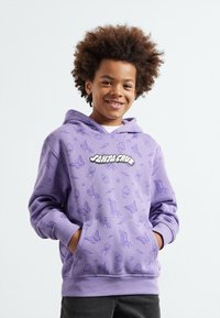 Felpa viola con motivo di insetti e funghi in lilla, tasca a marsupio frontale e logo "Santa Cruz" bianco. Texture morbida.