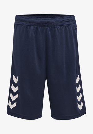 Marinefarbene Sportshorts aus atmungsaktivem Material, mit glatter Textur und kontrastierenden weißen Chevron-Mustern an den Seiten. Elastischer Bund.