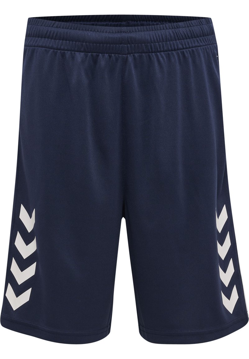 Pantalones cortos deportivos de color azul marino, fabricados con un tejido transpirable, que presentan una textura suave y patrones en forma de chevron blancos en los lados. Cintura elástica.