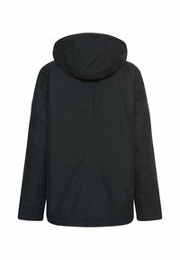 Zwarte hoodie met een eenvoudig ontwerp. Gemaakt van een gladde stof, met een rechte achterkant en zijnaden. Geen zichtbare sluitingen of patronen.
