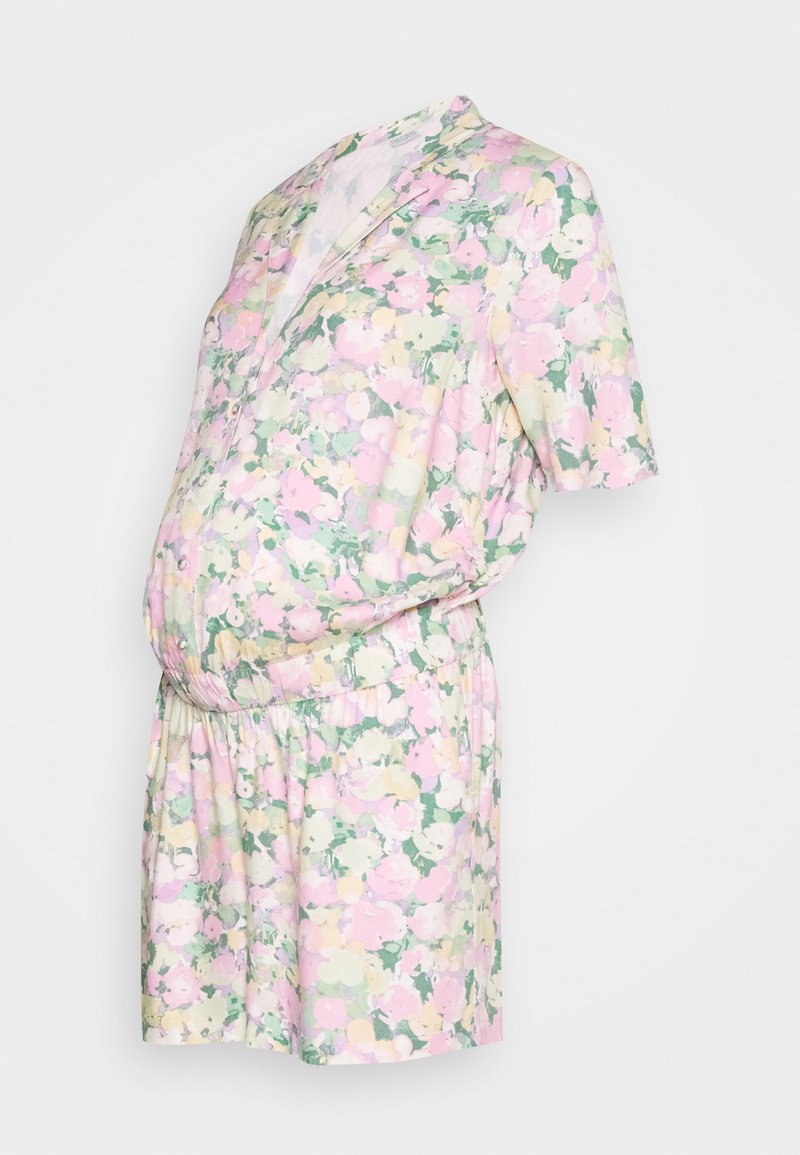 Camisola floral em tons pastel de rosa, amarelo e verde; apresenta mangas curtas, um ajuste relaxado e uma cintura elástica para conforto.