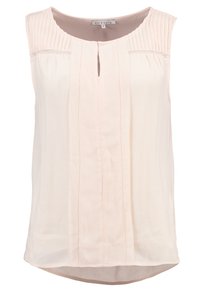 Ärmlös topp i ljus persikofärgad tyg med plisserade detaljer vid axlarna, nyckelhålsringning och rundad fåll för en avslappnad passform.