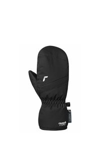 Black mittens made of weather-resistant material, featuring a smooth finish, elastic cuff, and a small logo with a secure wrist adjuster.