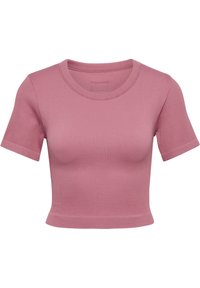 Korte mouwen, geribbelde roze cropped top met een ronde halslijn en aansluitende pasvorm, gemaakt van een zachte, rekbare stof.