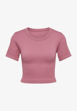 Kurzärmliges, geripptes, pinkfarbenes Crop-Top mit rundem Halsausschnitt und enganliegender Passform, gefertigt aus einem weichen, dehnbaren Stoff.