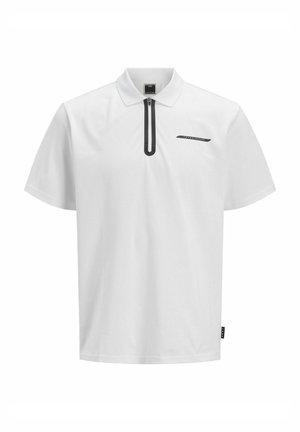 Hvit polo skjorte laget av glatt stoff med svart glidelåsåpning og liten svart logo på venstre bryst. Korte ermer og avslappet passform.