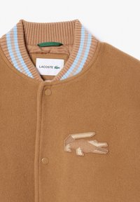 Giacca in pile marrone con colletto a coste, caratterizzata da righe azzurro chiaro e beige. Presenta un logo beige ricamato sul petto e un bottone a pressione.