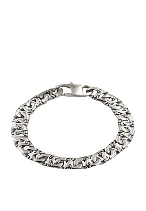 Bracciale in metallo argentato con maglie ovali intrecciate, caratterizzato da superfici lucide e testurizzate. Comprende una chiusura sicura.