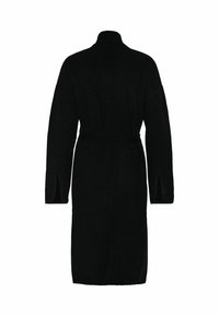 Lång svart kappa med sjalkrage, tillverkad av mjukt tyg. Har långa ärmar och ett knytbart midjebälte. Rak skärning med sidofickor.