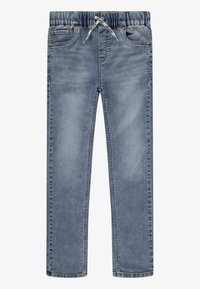 Vaqueros de mezclilla azul claro con cintura ajustable mediante cordón, cinco bolsillos y un desgaste sutil. Diseño de pierna recta con detalles de costura en toda la prenda.