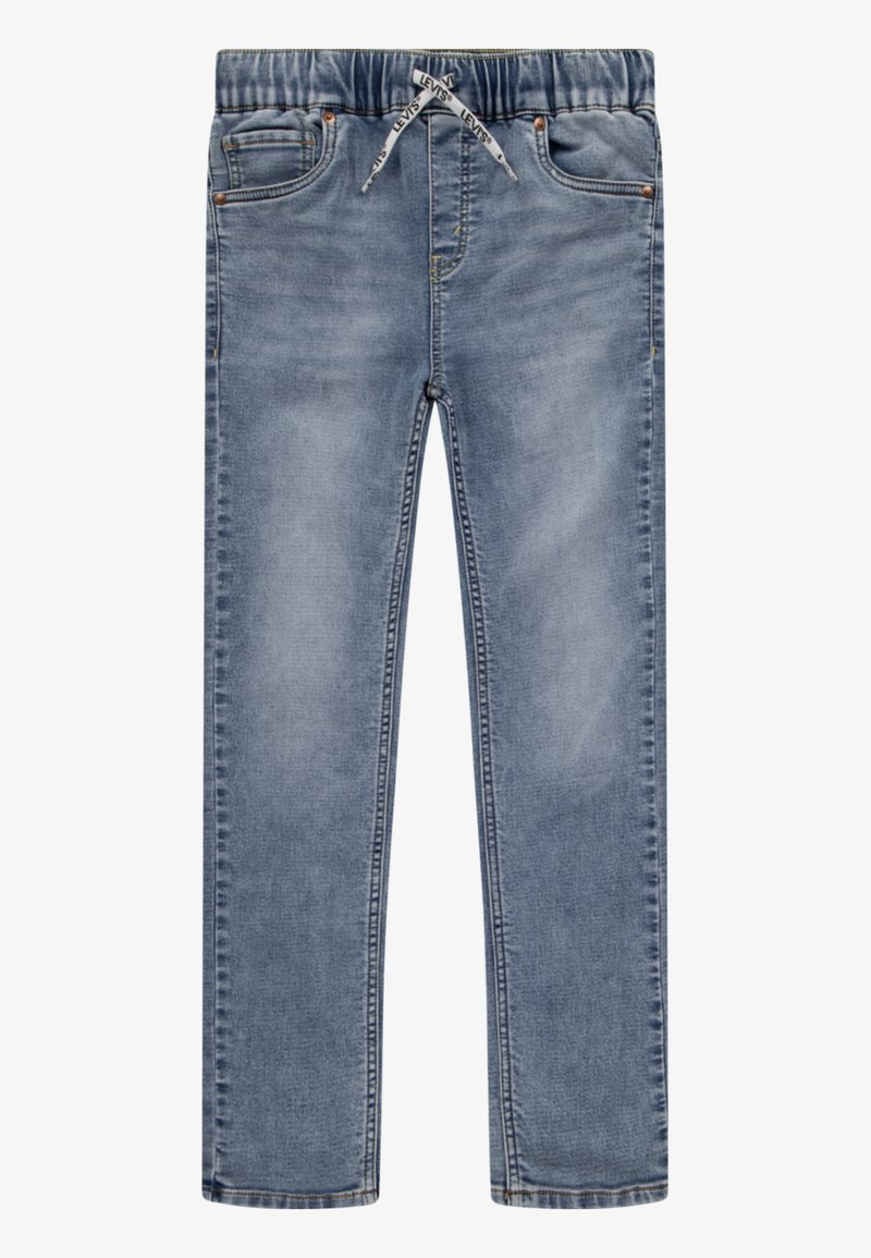 Vaqueros de mezclilla azul claro con cintura ajustable mediante cordón, cinco bolsillos y un desgaste sutil. Diseño de pierna recta con detalles de costura en toda la prenda.
