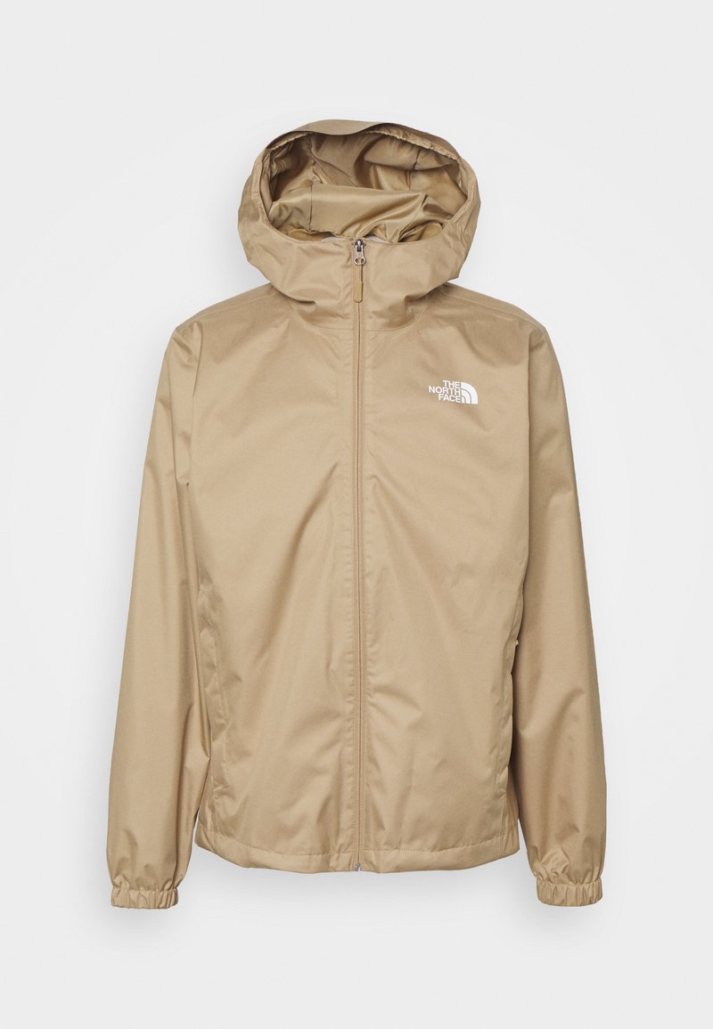 Beige hooded jacket with a front zipper, elastic cuffs, and embroidered logo on the left chest. Smooth, lightweight material.