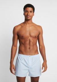 Ljusblå bomullsboxershorts med elastisk midja och en enda knappknäppning, med ett diskret vertikalt randmönster.