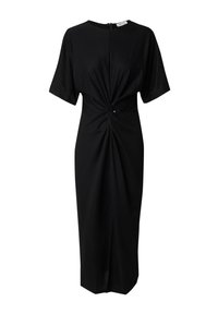 Schwarzes Kleid mit kurzen Ärmeln, das mit einem verdrehten Frontdetail und einem dezenten Schlitz ausgestattet ist. Hergestellt aus weichem Stoff, verfügt es über einen Reißverschluss auf der Rückseite.