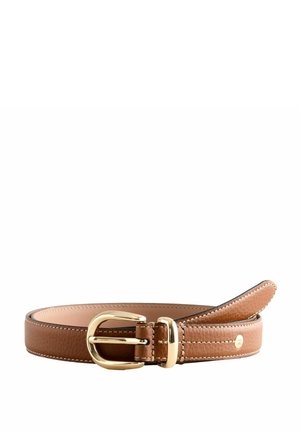 Cintura in pelle marrone con una texture liscia. Caratterizzata da una fibbia in metallo dorato, dettagli di cucitura e un'estremità leggermente affusolata.