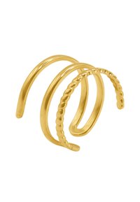 Set di anelli in metallo color oro composto da tre bande sottili: una liscia, una attorcigliata e una con accenti testurizzati. Design leggero e semplice.