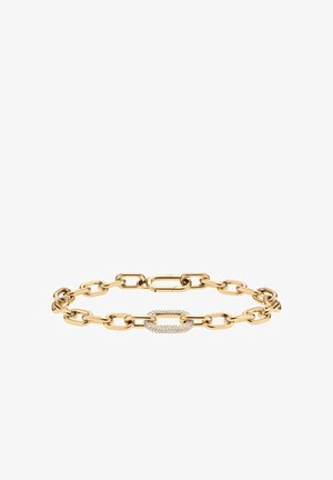 Bracciale in catena d'oro con maglie ovali allungate, caratterizzato da una maglia decorativa incastonata di diamanti pavé.