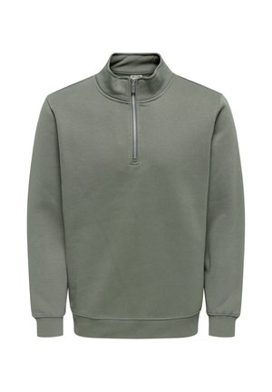 Olivengrøn kvart-lynlås pullover med lange ærmer, ribstrikkede manchetter og kant samt en opretstående krave.