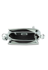 Borsa a tracolla in pelle azzurro chiaro con chiusura a zip, due scomparti e interno nero testurizzato. Presenta hardware argentato e una tracolla regolabile.