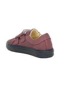 Bordeauxfarbene Leder Schuhe mit Klettverschlüssen, abgerundeter Zehenpartie und schwarzer Gummisohle. Verfügt über Steppdetails und eine glatte Oberfläche.