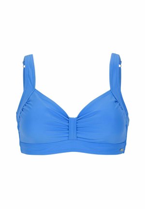 Blå simbehå med breda axelband, rynkad mittsöm, justerbar utrustning och slät textur. Tillverkad av hållbart simtyg.