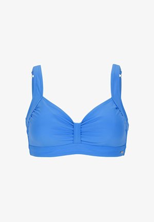 Blå simbehå med breda axelband, rynkad mittsöm, justerbar utrustning och slät textur. Tillverkad av hållbart simtyg.