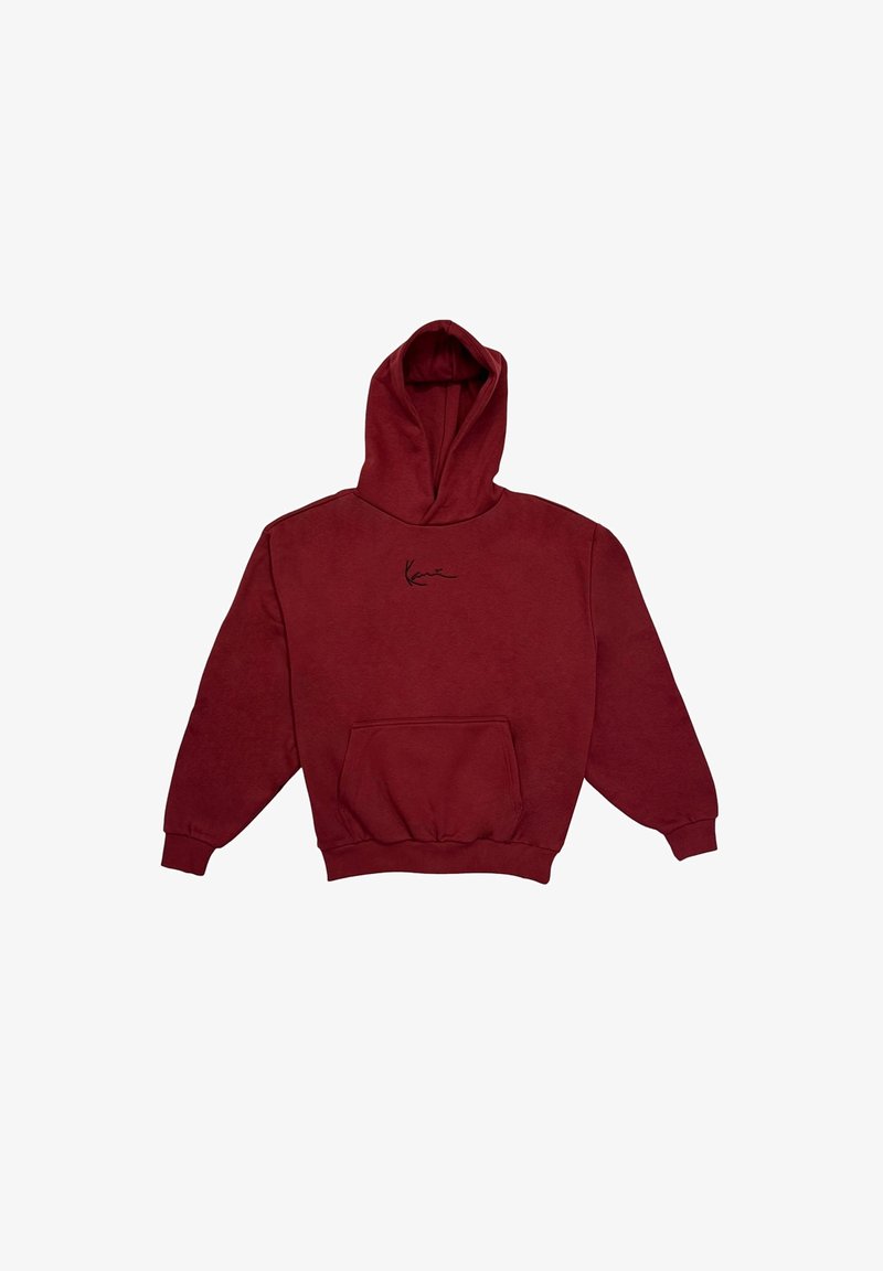 Sudadera burdeos con capucha ajustable, bolsillo canguro, puños acanalados y un diseño gráfico negro en el pecho. Material de algodón.