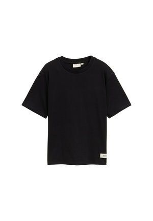 Schwarz, kurzärmliges T-Shirt aus einem weichen Stoff. Verfügt über einen runden Halsausschnitt und ein kleines Etikett auf der linken Unterseite.