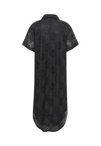 Black shirt dress with short sleeves, featuring a lace overlay with floral patterns, curved hem, and collar detail. Soft, textured fabric.