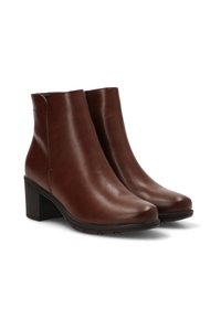 Botas de tobillo de cuero marrón con una textura suave, puntera redondeada y un resistente tacón cuadrado. Presenta una costura lateral para mayor estilo y ajuste.