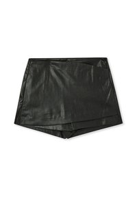 Czarne szorty z sztucznej skóry o gładkiej teksturze i złożonym designie z przodu. Posiadają wyraźny pas i wyraźne cięcie.