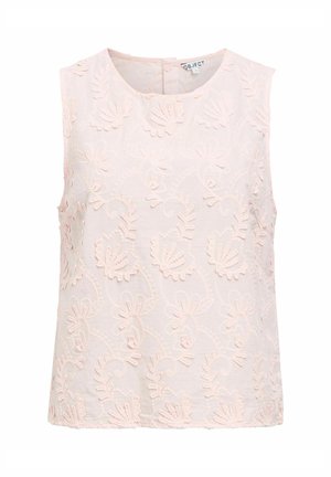 Blouse rose clair sans manches avec col rond, ornée de motifs floraux brodés et fermeture à boutons dans le dos.