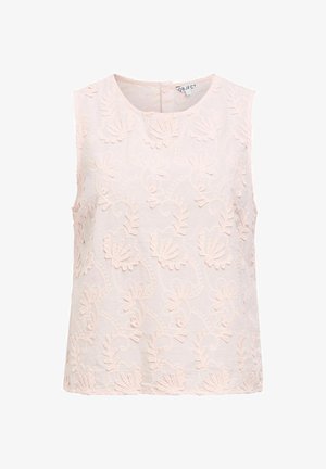Bezrukava svijetloružičasta bluza s okruglim izrezom, ukrašena vezenim cvjetnim uzorcima i zatvaračem na gumb na leđima.