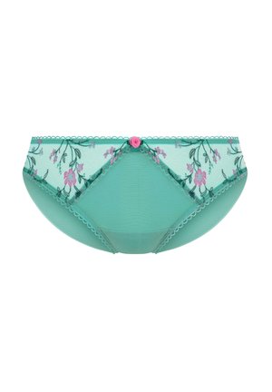 Bikini de malla color azul verdoso con bordado floral en tonos rosa y verde, con ribete de encaje y un pequeño detalle de rosa rosa en el centro delantero.