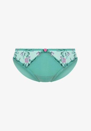 Bikini de malla color azul verdoso con bordado floral en tonos rosa y verde, con ribete de encaje y un pequeño detalle de rosa rosa en el centro delantero.